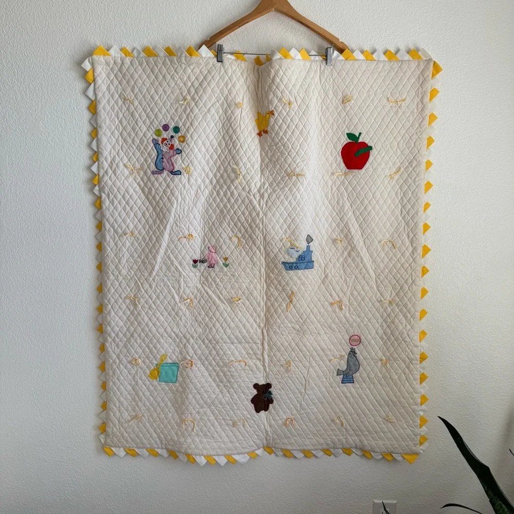 Vintage Hand Stitched Embroidered Aplique Baby Quilt Unisex